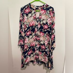 Umgee Floral Blouse - Pink and Green on Navy